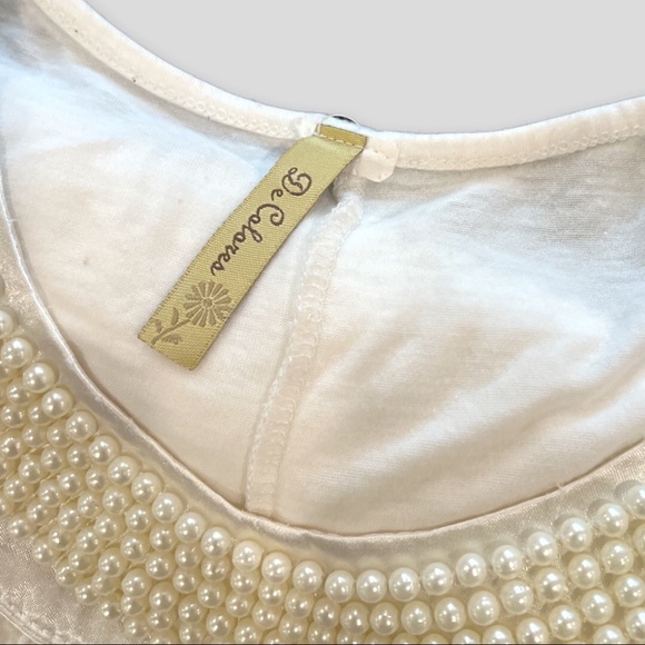 Pearl beaded neckline short sleeve light fabric white top Sz M - Picture 3 of 8